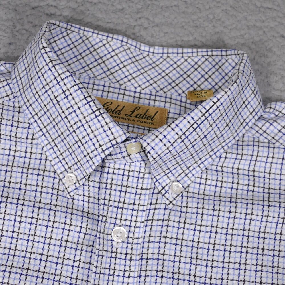 Roundtree Yorke Gold Label Shirt Mens XLT Blue Brown Plaid Button Up Long Sleeve
